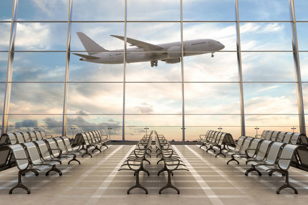empty airport terminal lounge with airplane on background. 3d illustration